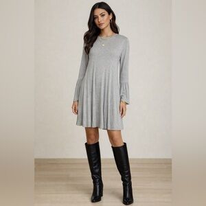 BCBGeneration Gray Rayon Long Bell Sleeve Dress with Keyhole Opening on Back Med